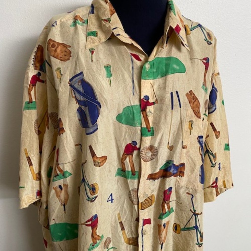 Burma Bibas 100% Silk Golf Themed Shirt, size XL